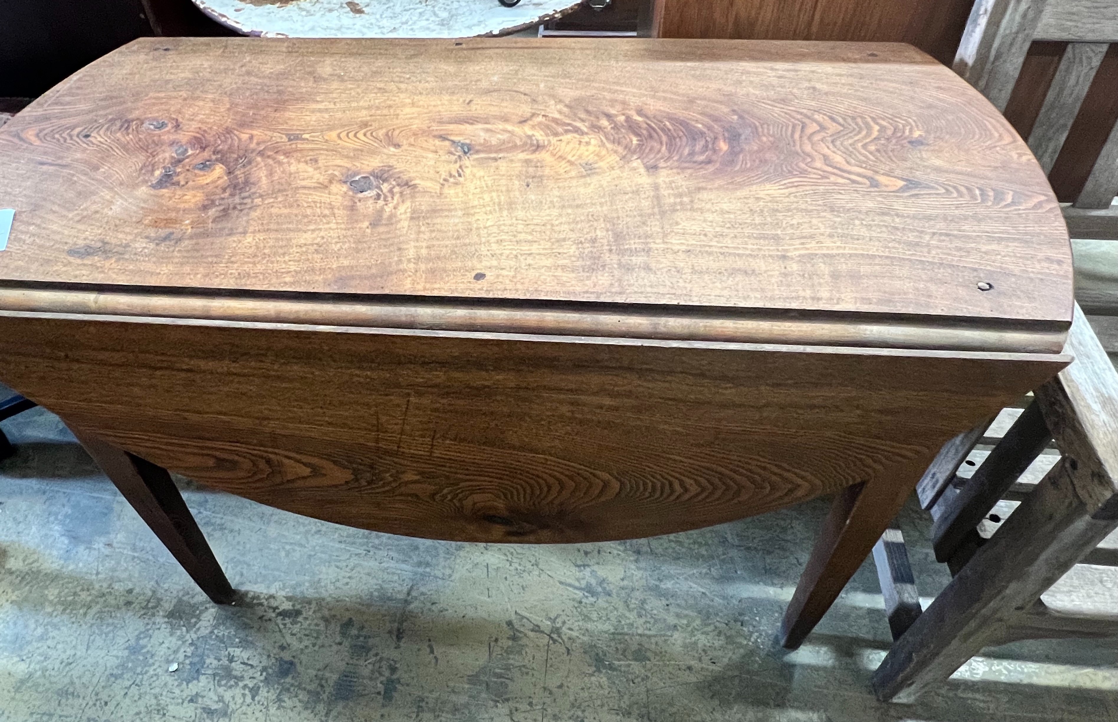 A 19th century provincial ash drop leaf table, width 120cm, depth 58cm, height 76cm